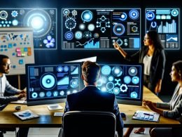 Ein konzentrierter Marketer sitzt im Halbdunkel vor mehreren großen Monitoren mit bunten Datenvisualisierungen, während im Hintergrund Teammitglieder Strategien und Datenpunkte diskutieren.