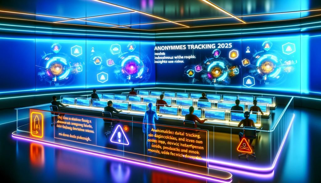 Futuristischer Kontrollraum mit diversen Fachkräften vor transparenten Bildschirmen, auf denen abstrakte Datenflüsse und anonymes Tracking ohne personenbezogene Daten angezeigt werden.