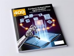 Halbtransparenter Roboter-Arm jongliert Marketing-Workflow mit Datenströmen, Textbausteinen und Geräten vor futuristischem, dynamischem Hintergrund.