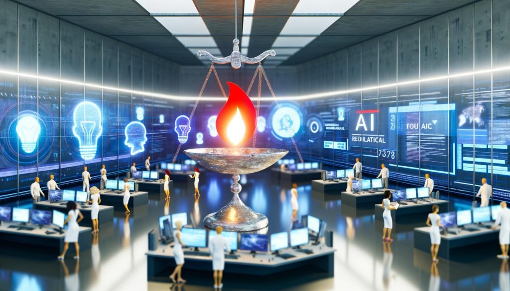Online-Marketing-Team in futuristischem Büro mit KI-Tools, Hologrammen, Datenanalysen und einer Waage zwischen KI-Hype und Regulierung.