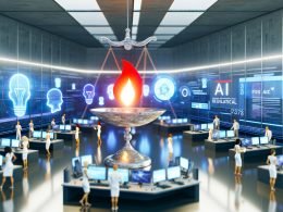 Online-Marketing-Team in futuristischem Büro mit KI-Tools, Hologrammen, Datenanalysen und einer Waage zwischen KI-Hype und Regulierung.