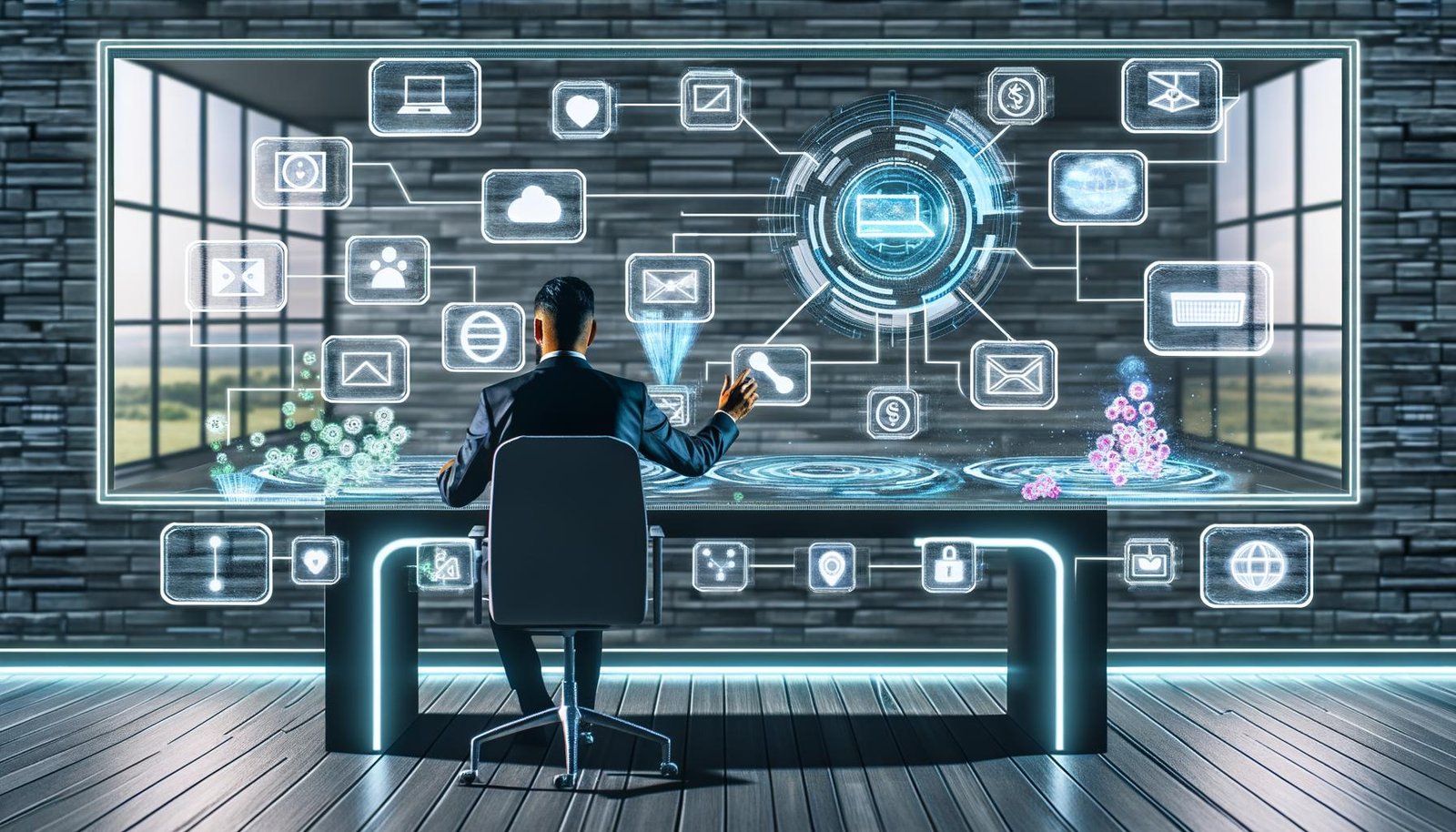 Futuristischer Arbeitsplatz eines Shopify-Solopreneurs 2030 mit AR-Bildschirmen, holografischen App-Icons und Datenströmen in cyberpunkartiger Umgebung.