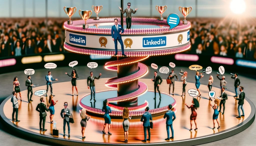 Satirische Karussellplatz-Szene: LinkedIn-Gatekeeper auf Podesten, umgeben von Businessleuten, Trophäen, Follower-Zählern und digitalen Symbolen vor einem LinkedIn-Hintergrund.