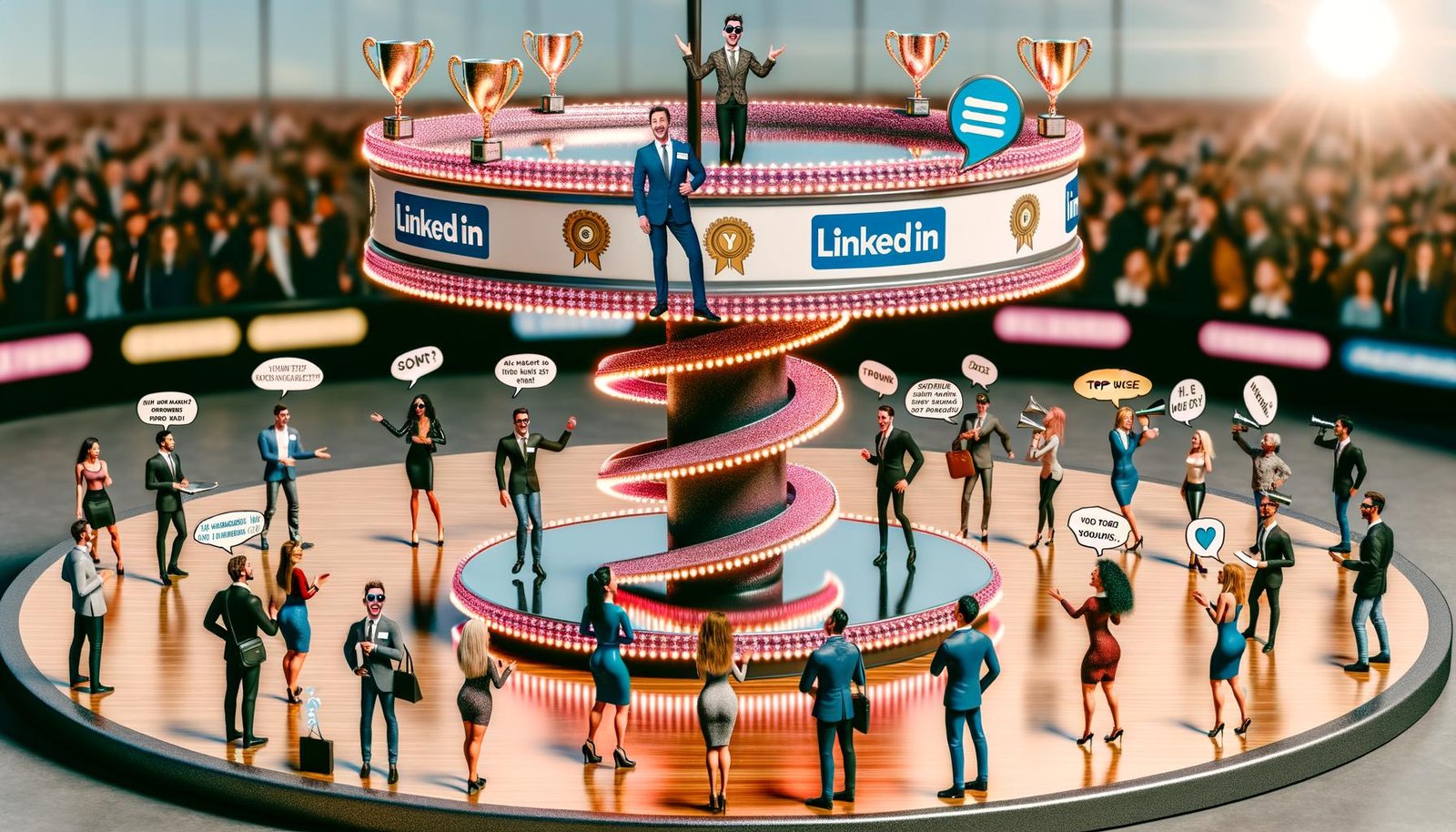 Satirische Karussellplatz-Szene: LinkedIn-Gatekeeper auf Podesten, umgeben von Businessleuten, Trophäen, Follower-Zählern und digitalen Symbolen vor einem LinkedIn-Hintergrund.