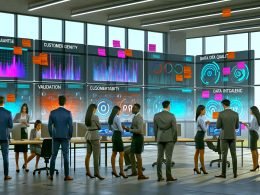 Team von Geschäftsexperten prüft Kundendaten auf einem interaktiven Dashboard im modernen Büro, hebt doppelte und veraltete Einträge hervor, um die Datenqualität sicherzustellen.