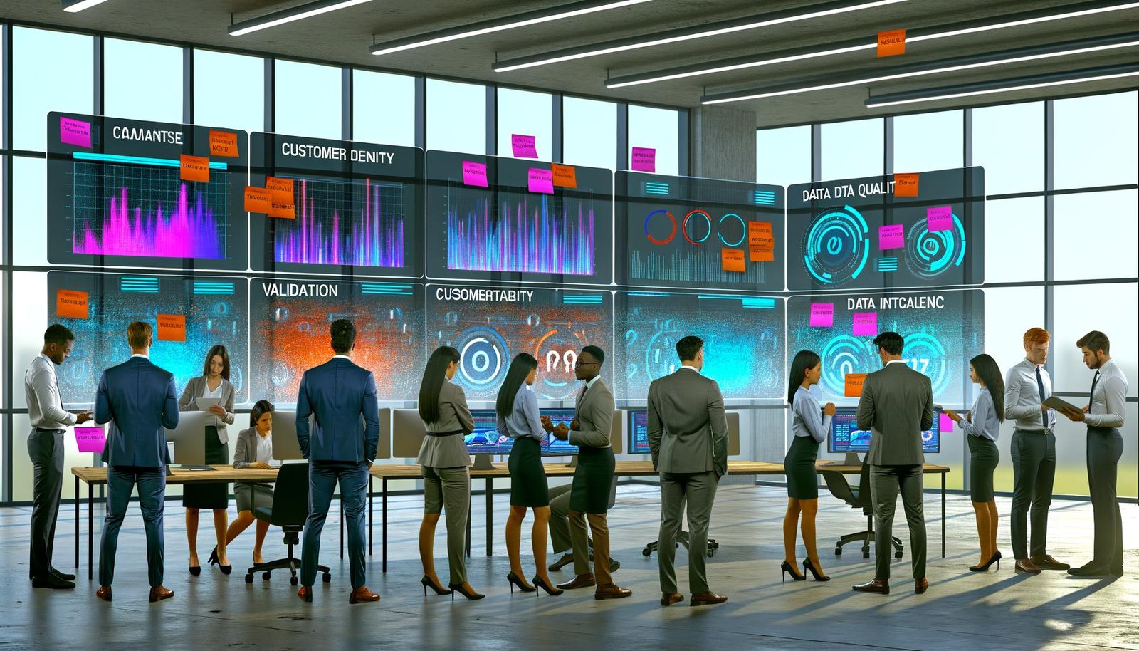 Team von Geschäftsexperten prüft Kundendaten auf einem interaktiven Dashboard im modernen Büro, hebt doppelte und veraltete Einträge hervor, um die Datenqualität sicherzustellen.