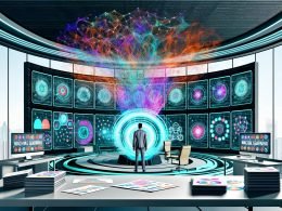 Illustration eines modernen Marketing-Büros mit Kontrollpult, KI-Grafiken, Datenströmen und Schlagworten wie Machine Learning und Generative AI.