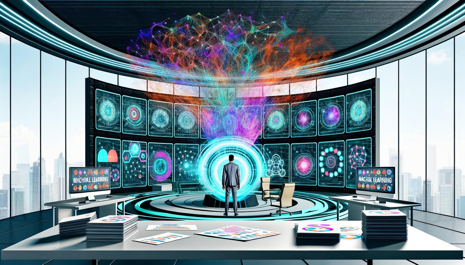 Illustration eines modernen Marketing-Büros mit Kontrollpult, KI-Grafiken, Datenströmen und Schlagworten wie Machine Learning und Generative AI.