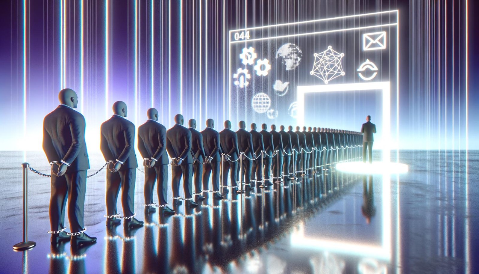 Illustratives Titelbild: Menschenschlange in Anzügen mit unsichtbaren Handschellen vor einer elitären Business-Gruppe auf einem Podest unter LinkedIn-Logos und digitalen Symbolen.