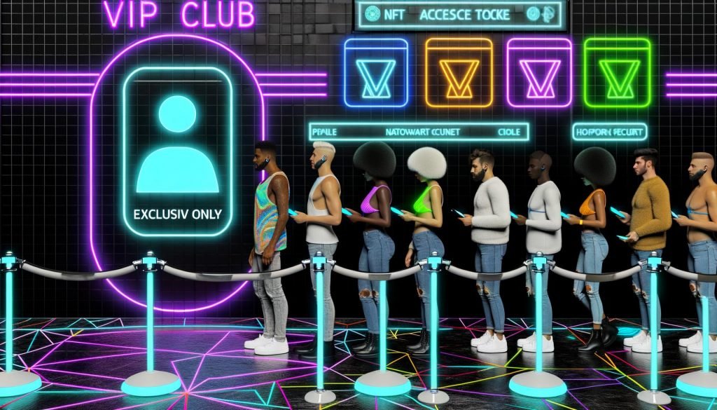 Digitale VIP-Club-Szene mit NFT-Pässen, holografischem Türsteher und exklusivem Bereich eines Shopify-Stores