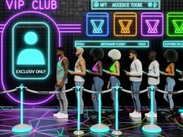 Digitale VIP-Club-Szene mit NFT-Pässen, holografischem Türsteher und exklusivem Bereich eines Shopify-Stores