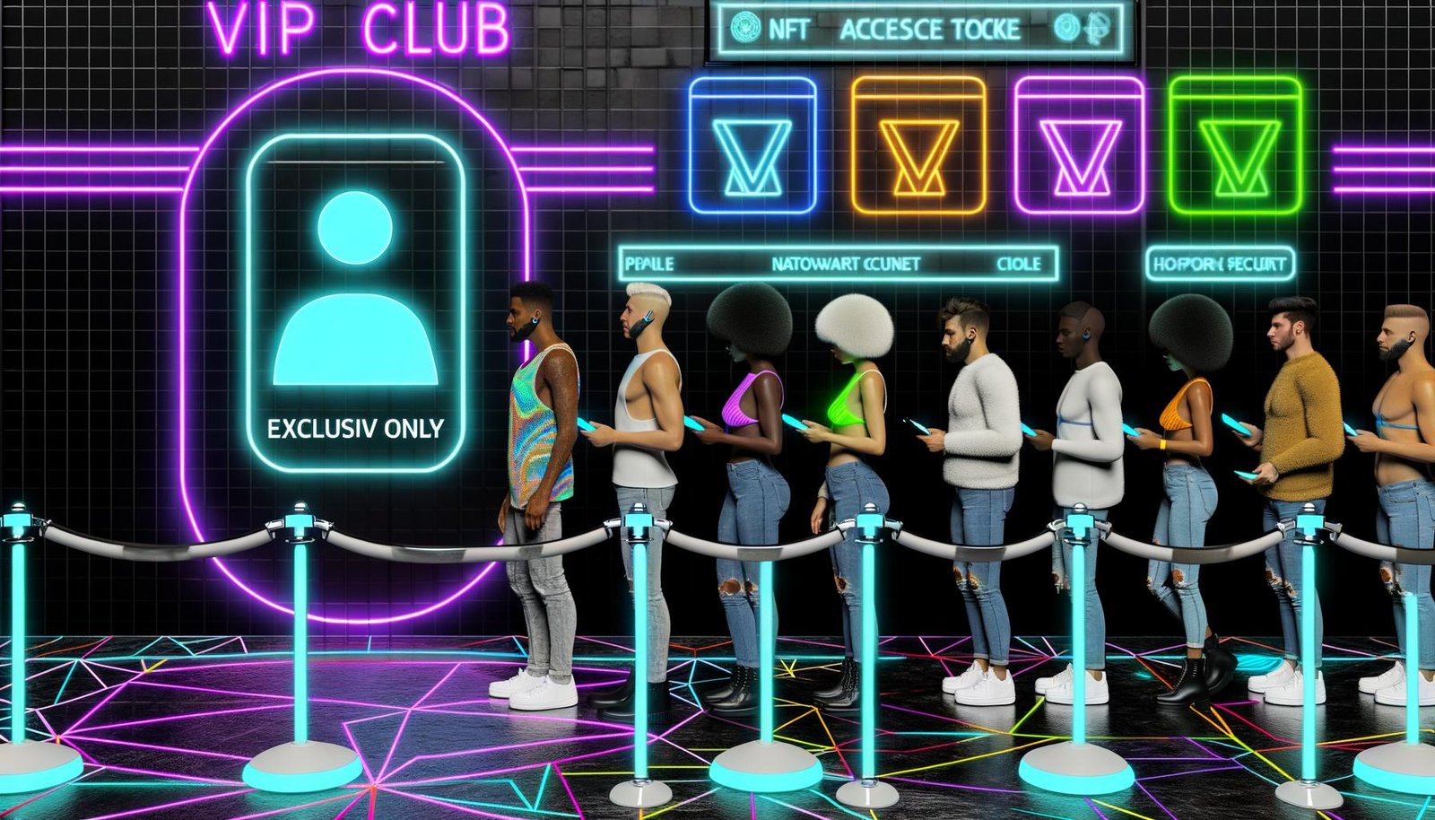 Digitale VIP-Club-Szene mit NFT-Pässen, holografischem Türsteher und exklusivem Bereich eines Shopify-Stores