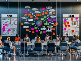 Agiles Entwicklerteam arbeitet gemeinsam vor Whiteboards voller Post-its und User Stories; zentrale digitale Roadmap mit SEO-Tasks, Sprint-Zeitachsen und KPIs, während Schlagwörter wie ‚Scrum‘ und ‚Core Web Vitals‘ an den Glaswänden stehen.