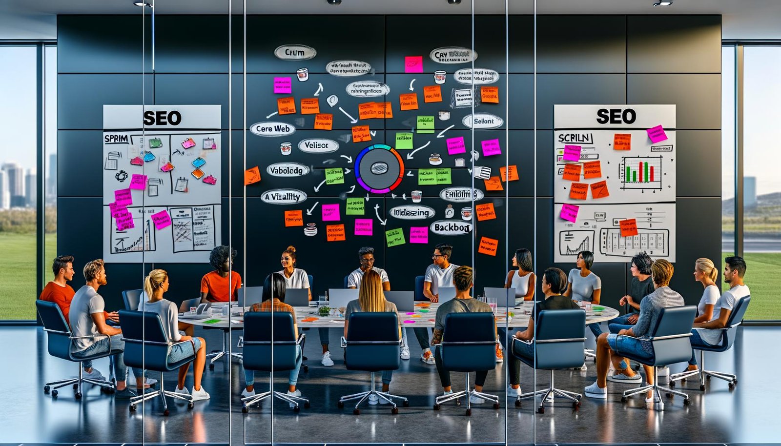 Agiles Entwicklerteam arbeitet gemeinsam vor Whiteboards voller Post-its und User Stories; zentrale digitale Roadmap mit SEO-Tasks, Sprint-Zeitachsen und KPIs, während Schlagwörter wie ‚Scrum‘ und ‚Core Web Vitals‘ an den Glaswänden stehen.
