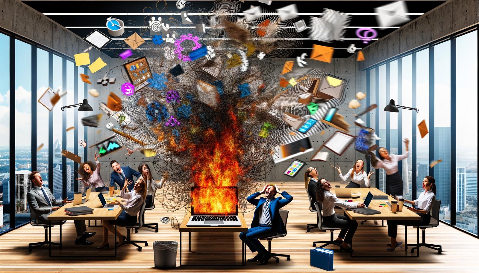 Überfordertes Marketing-Team in offenem Büro umgeben von chaotischen Bildschirmen, Tool-Logos, wirren Softwarelinien, vollen Ordnern und einem brennenden Laptop im Mittelpunkt.