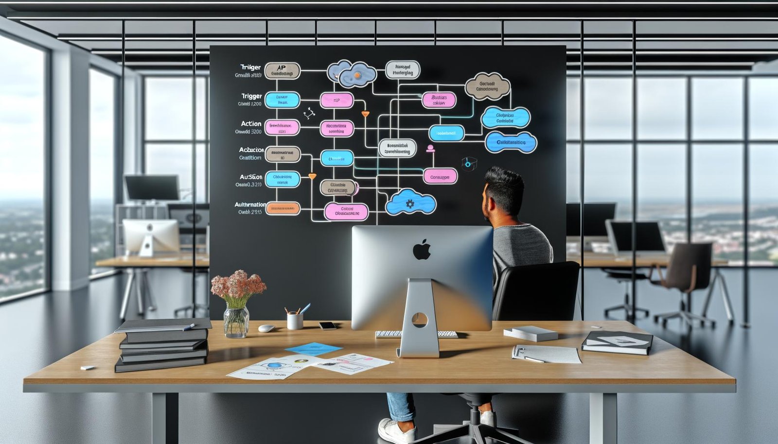 Online-Marketer im modernen Büro arbeitet an Integrately-Workflow mit API-Verbindungen, Webhooks und Authentifizierung zwischen Salesforce, HubSpot und CRM-Apps, umgeben von Notizen zu API-Endpunkten, Error Handling und OAuth 2.0.