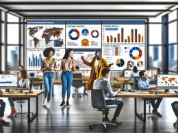 Modernes Büro mit einem diversen Marketing-Team, das vor einem großen Bildschirm mit Datenvisualisierungen und Customer Journey Maps diskutiert. Auf Monitoren und Whiteboards sind KPIs, Cluster-Analysen und Workflow-Diagramme sichtbar.