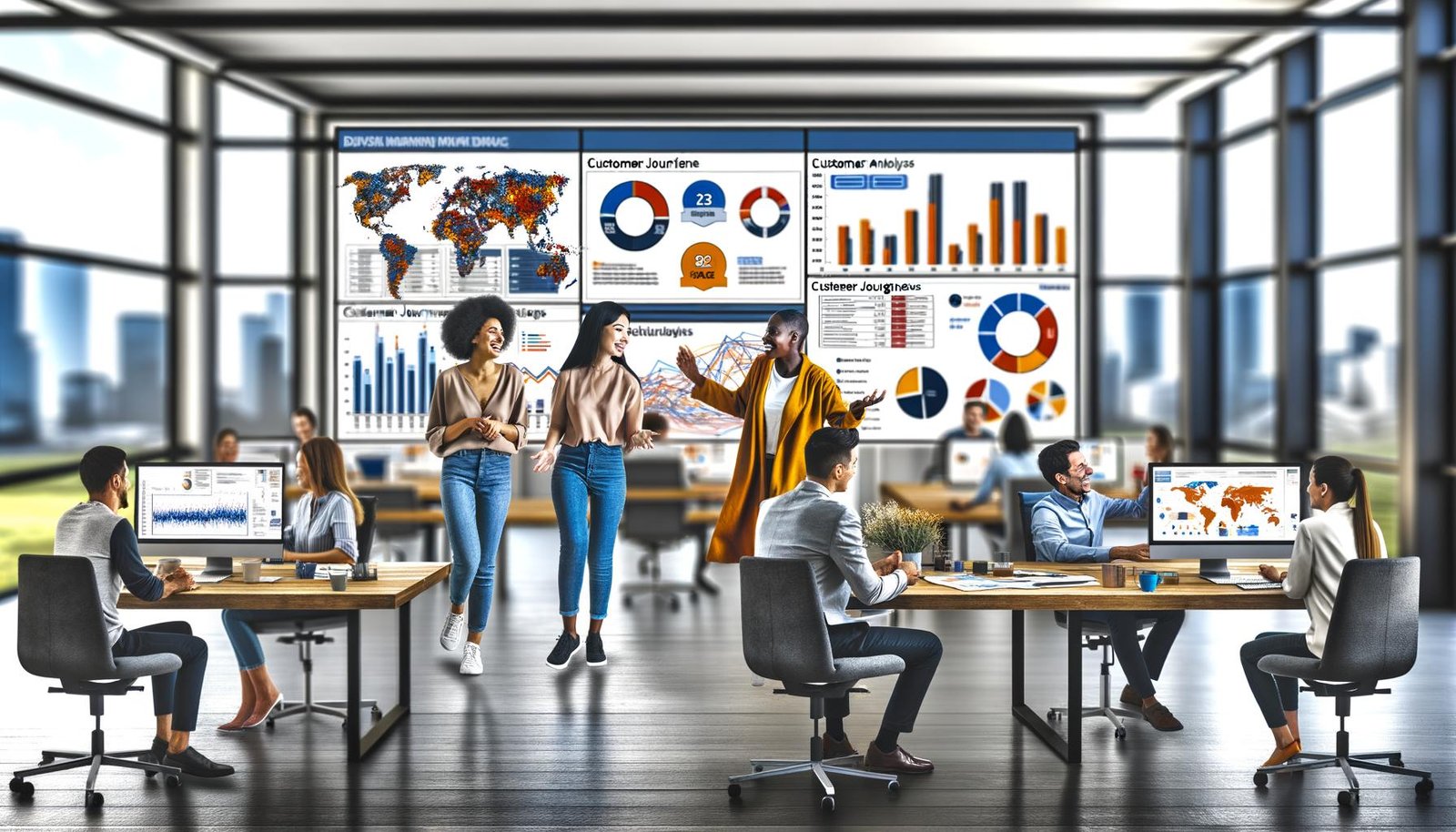 Modernes Büro mit einem diversen Marketing-Team, das vor einem großen Bildschirm mit Datenvisualisierungen und Customer Journey Maps diskutiert. Auf Monitoren und Whiteboards sind KPIs, Cluster-Analysen und Workflow-Diagramme sichtbar.