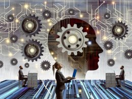 Illustration eines Maschinenraums als Metapher für künstliche Intelligenz mit Zahnrädern, Datenströmen, Chip-Platinen und einem Marketing-Profi mit Laptop