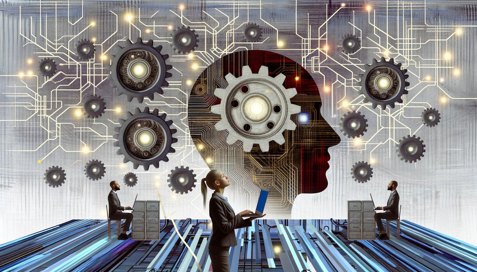 Illustration eines Maschinenraums als Metapher für künstliche Intelligenz mit Zahnrädern, Datenströmen, Chip-Platinen und einem Marketing-Profi mit Laptop