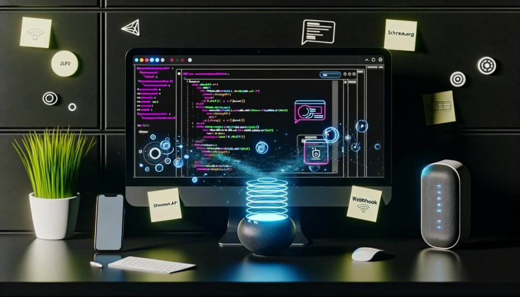 Modern eingerichteter Arbeitsplatz mit leuchtendem Monitor, Shopify-Oberfläche, API-Grafiken, Code-Snippets, Smartphone, Smart Speaker und Notizen wie ‚Schema.org‘ und ‚Webhook‘ in dunkler Umgebung.