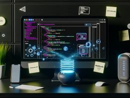 Modern eingerichteter Arbeitsplatz mit leuchtendem Monitor, Shopify-Oberfläche, API-Grafiken, Code-Snippets, Smartphone, Smart Speaker und Notizen wie ‚Schema.org‘ und ‚Webhook‘ in dunkler Umgebung.