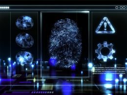 Leuchtender, digitaler Daumenabdruck schwebt über einem Browserfenster im abstrakt-bläulichen Cyberspace, umgeben von holografischen Daten-Icons und Warnzeichen.