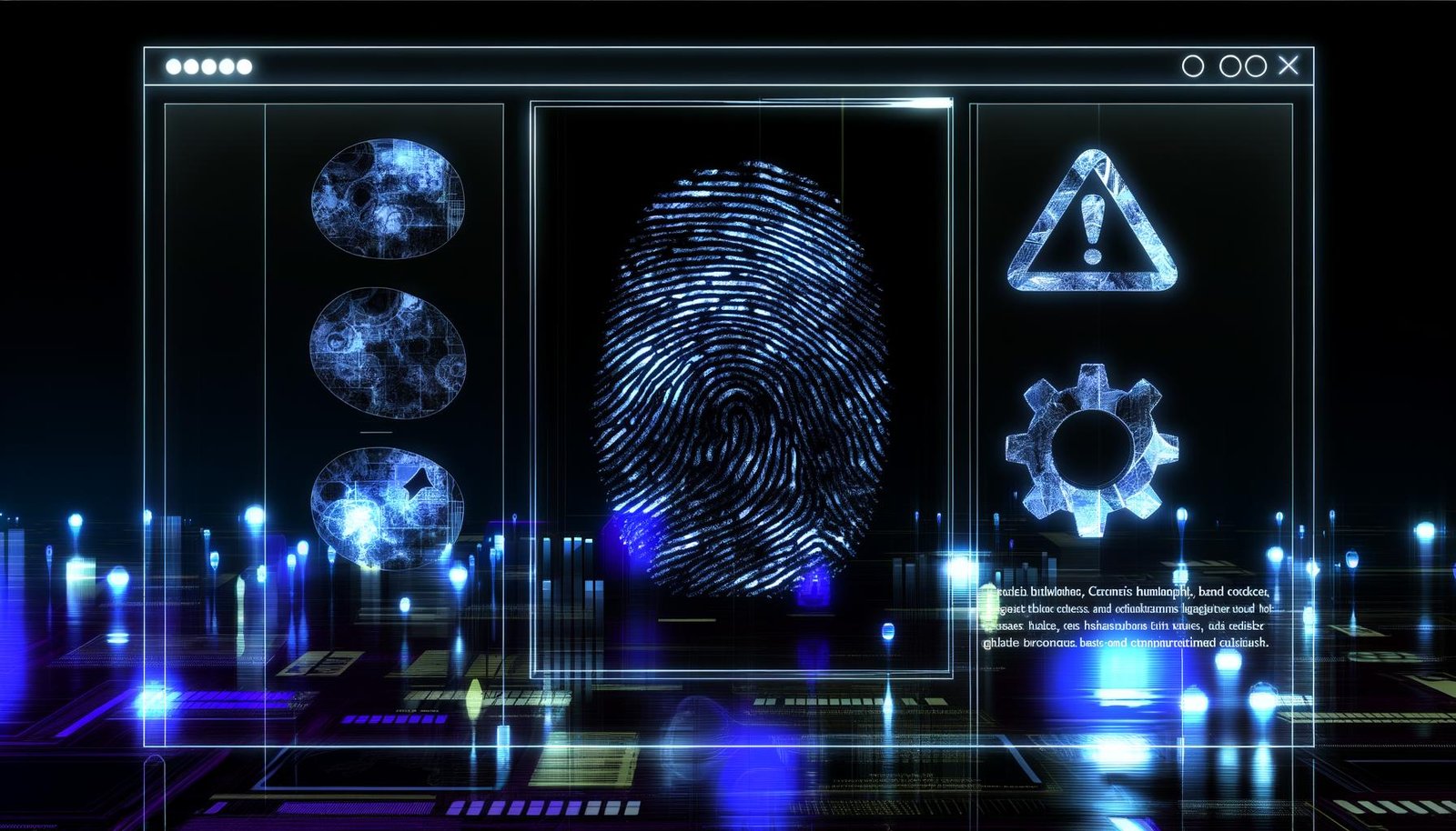 Leuchtender, digitaler Daumenabdruck schwebt über einem Browserfenster im abstrakt-bläulichen Cyberspace, umgeben von holografischen Daten-Icons und Warnzeichen.