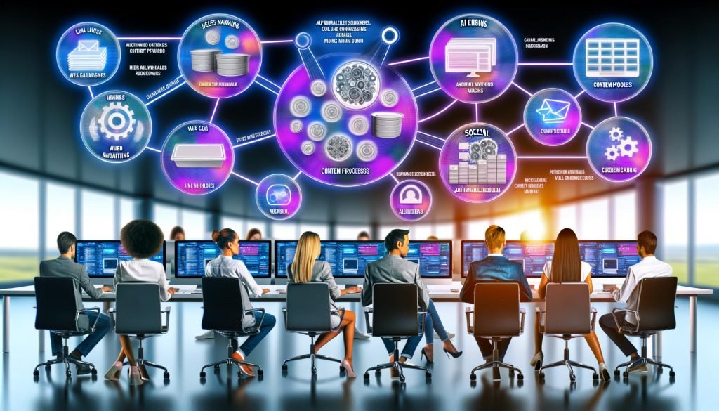 Marketingteam in modernem Büro vor visueller Darstellung automatisierter Content-Prozesse mit Headless CMS, KI, APIs und diversen Kanälen