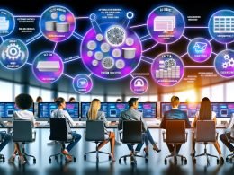 Marketingteam in modernem Büro vor visueller Darstellung automatisierter Content-Prozesse mit Headless CMS, KI, APIs und diversen Kanälen