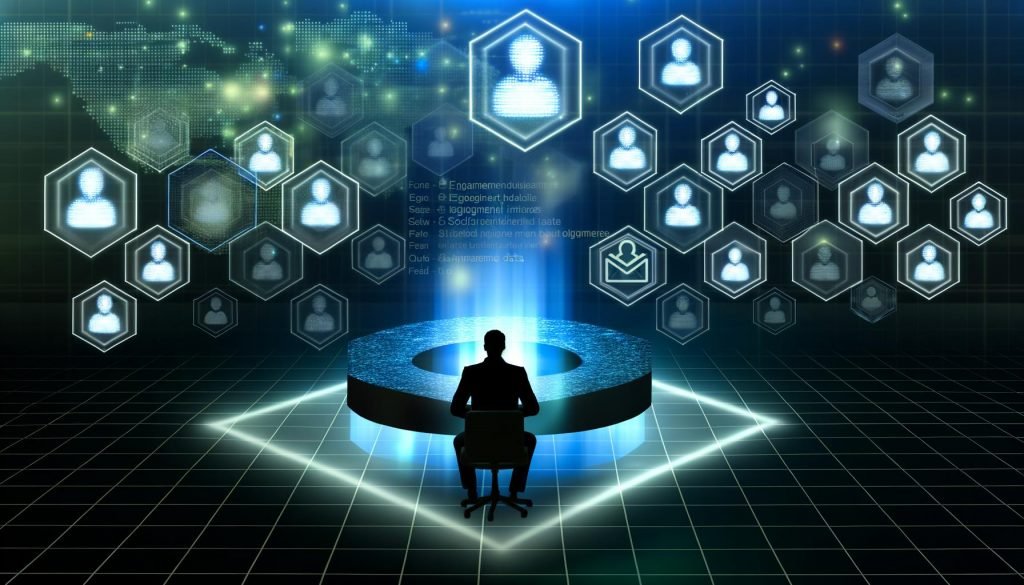 Futuristische Illustration eines einsamen Professionals hinter digitalen Schranken, getrennt von einer exklusiven LinkedIn-Influencer-Gruppe.