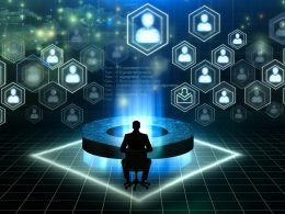 Futuristische Illustration eines einsamen Professionals hinter digitalen Schranken, getrennt von einer exklusiven LinkedIn-Influencer-Gruppe.