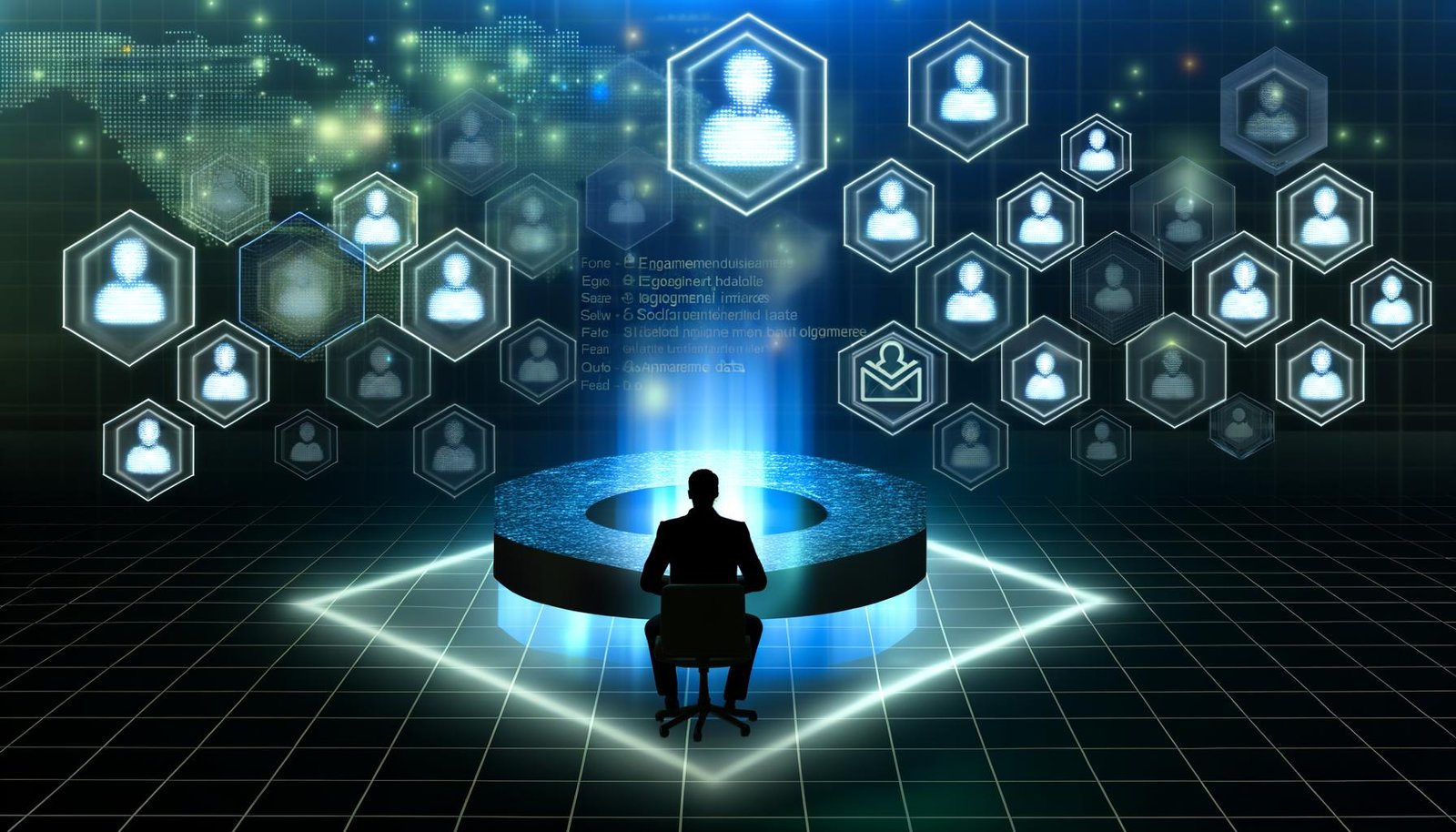 Futuristische Illustration eines einsamen Professionals hinter digitalen Schranken, getrennt von einer exklusiven LinkedIn-Influencer-Gruppe.