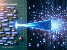 Illustration mit kontrastierendem Gießkannen-Marketing und algorithmischen Lookalike Audience Modellen, abstrahierte Personen-Icons und Matrix-Datenmuster im Hintergrund.