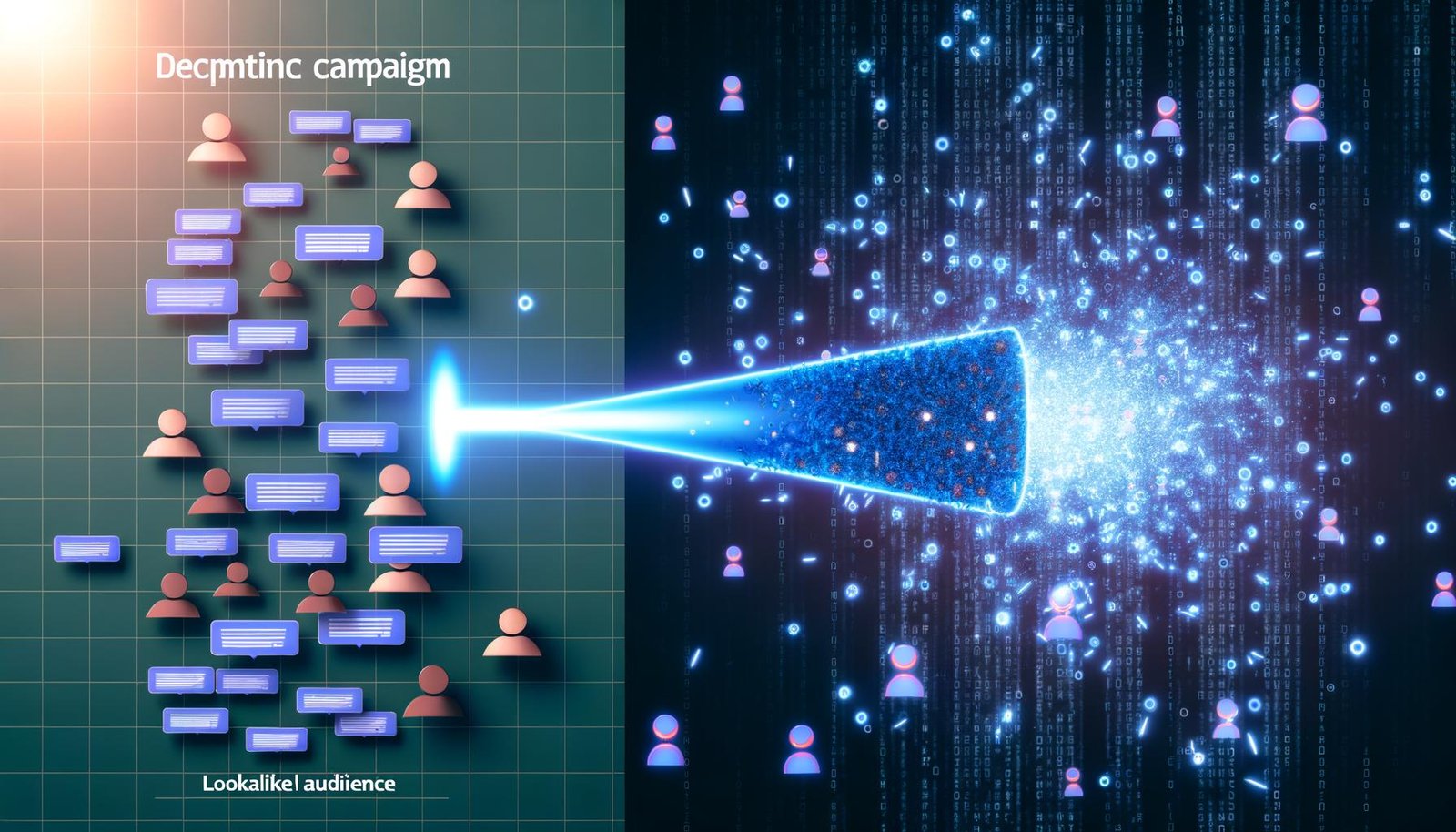 Illustration mit kontrastierendem Gießkannen-Marketing und algorithmischen Lookalike Audience Modellen, abstrahierte Personen-Icons und Matrix-Datenmuster im Hintergrund.