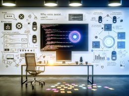 Arbeitsplatz mit offenem Shopify Dashboard, Sprachassistenten-Geräten, Code, API-Endpunkten und Visualisierungen zur Integration von Voice Commerce.