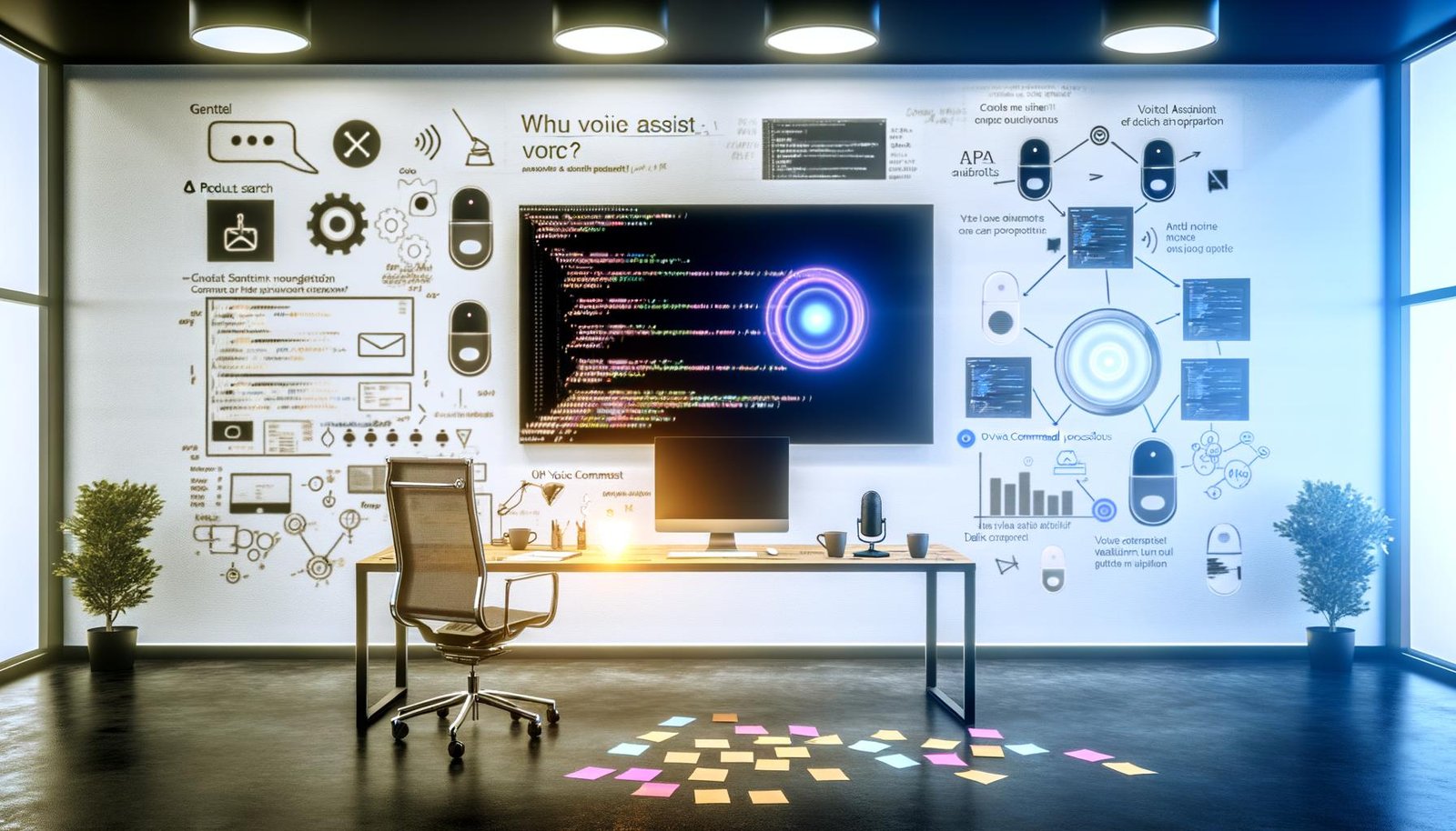 Arbeitsplatz mit offenem Shopify Dashboard, Sprachassistenten-Geräten, Code, API-Endpunkten und Visualisierungen zur Integration von Voice Commerce.