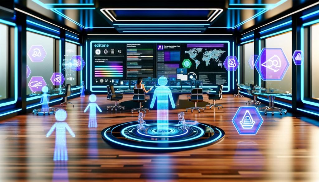 Futuristischer Arbeitsplatz mit Mensch und KI, digitalen Bildschirmen, Datenströmen und holografischen Icons für SEO und Brand Management