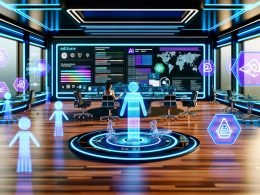 Futuristischer Arbeitsplatz mit Mensch und KI, digitalen Bildschirmen, Datenströmen und holografischen Icons für SEO und Brand Management