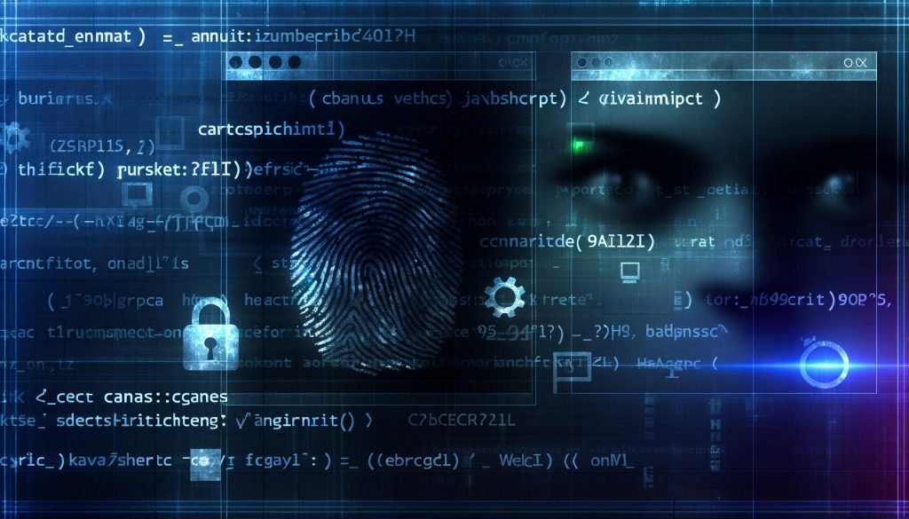 Digitale Darstellung eines Fingerabdrucks kombiniert mit Browserfenstern, Codezeilen, Symbolen und unscharfen Gesichtern, die Online-Tracking und Überwachung visualisieren.