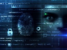 Digitale Darstellung eines Fingerabdrucks kombiniert mit Browserfenstern, Codezeilen, Symbolen und unscharfen Gesichtern, die Online-Tracking und Überwachung visualisieren.