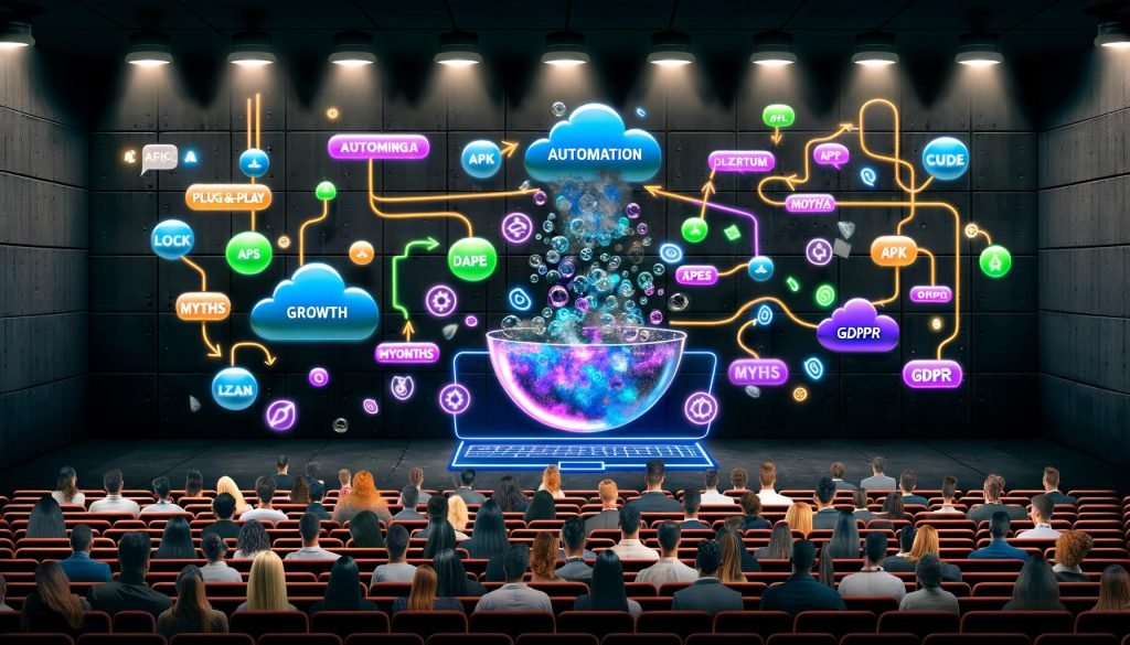 Marketingkonferenz mit schwebenden Buzzwords, neugierigen Fachleuten und einem Laptop mit sichtbaren APIs und Datenströmen, daneben zerplatzende Mythen-Blase.