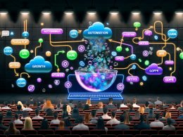 Marketingkonferenz mit schwebenden Buzzwords, neugierigen Fachleuten und einem Laptop mit sichtbaren APIs und Datenströmen, daneben zerplatzende Mythen-Blase.