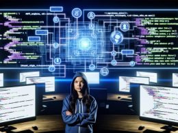 Online-Marketing-Expertin im Hoodie an Monitoren mit Integrately-Oberflächen und JSON-Mappings, umgeben von digitalen Leitungen zwischen API, CRM, Webhooks und Google Sheets in einem technischen Maschinenraum.