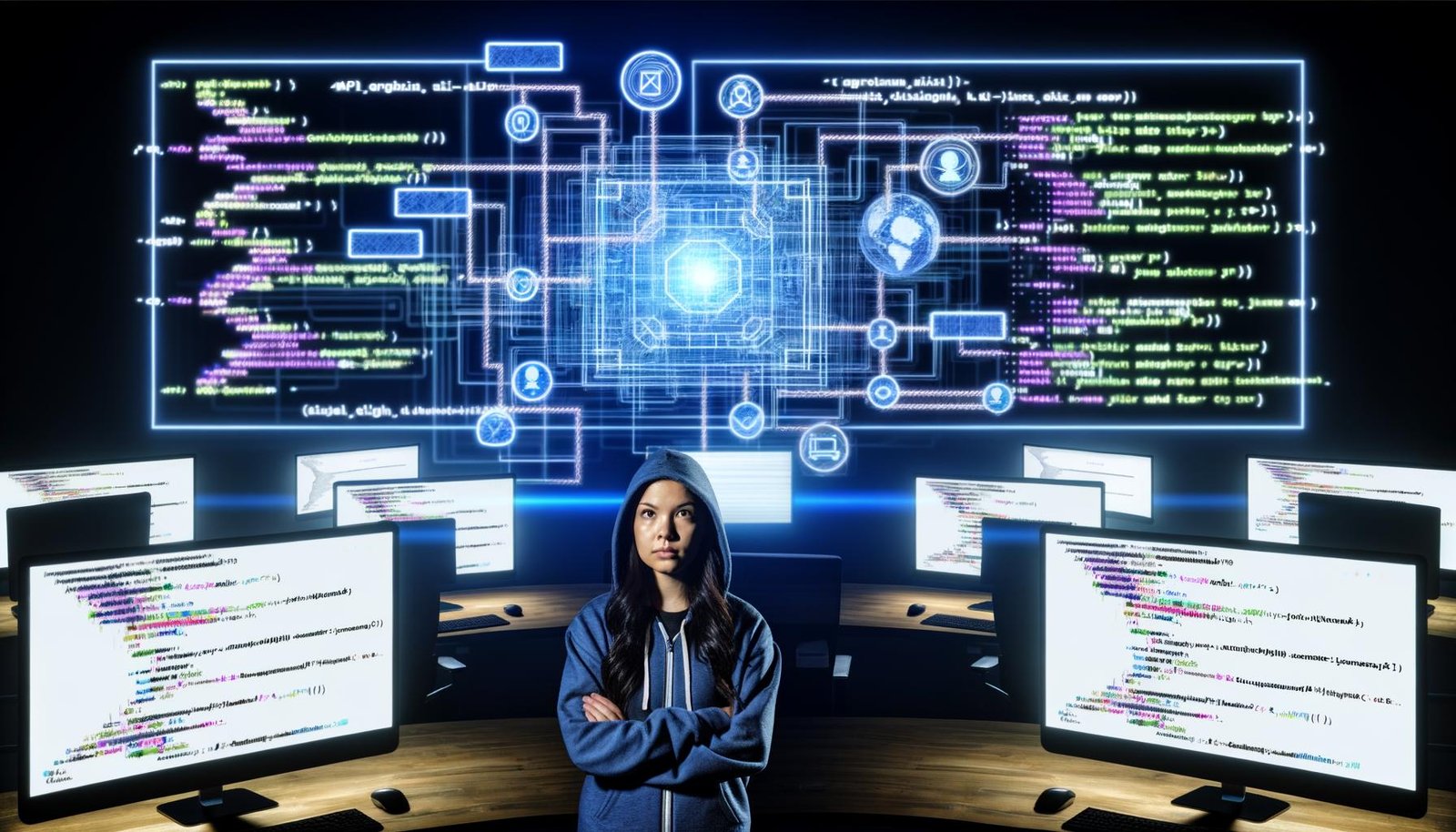 Online-Marketing-Expertin im Hoodie an Monitoren mit Integrately-Oberflächen und JSON-Mappings, umgeben von digitalen Leitungen zwischen API, CRM, Webhooks und Google Sheets in einem technischen Maschinenraum.