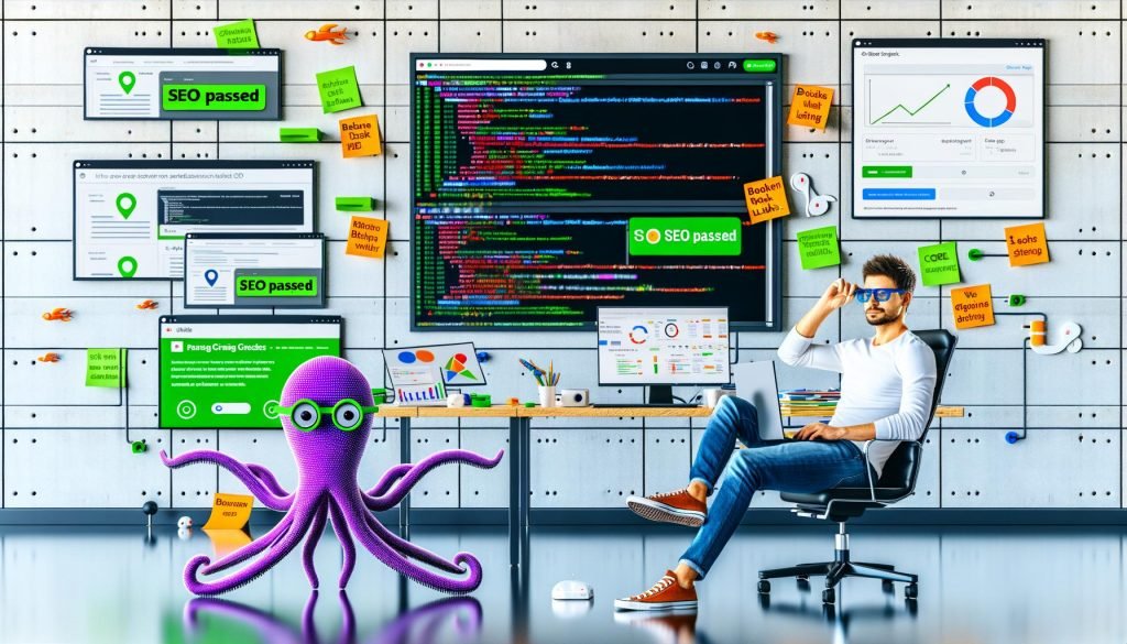 Entwickler sitzt entspannt am Laptop mit geöffnetem GitHub-SEO-Workflow, während mehrere Monitore Reports, SEO-Prüfungen, grüne Häkchen und Core Web Vitals zeigen. Das große Dashboard an der Wand visualisiert Statistiken, Alerts und Automatisierung im modernen Tech-Büro.