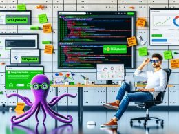 Entwickler sitzt entspannt am Laptop mit geöffnetem GitHub-SEO-Workflow, während mehrere Monitore Reports, SEO-Prüfungen, grüne Häkchen und Core Web Vitals zeigen. Das große Dashboard an der Wand visualisiert Statistiken, Alerts und Automatisierung im modernen Tech-Büro.