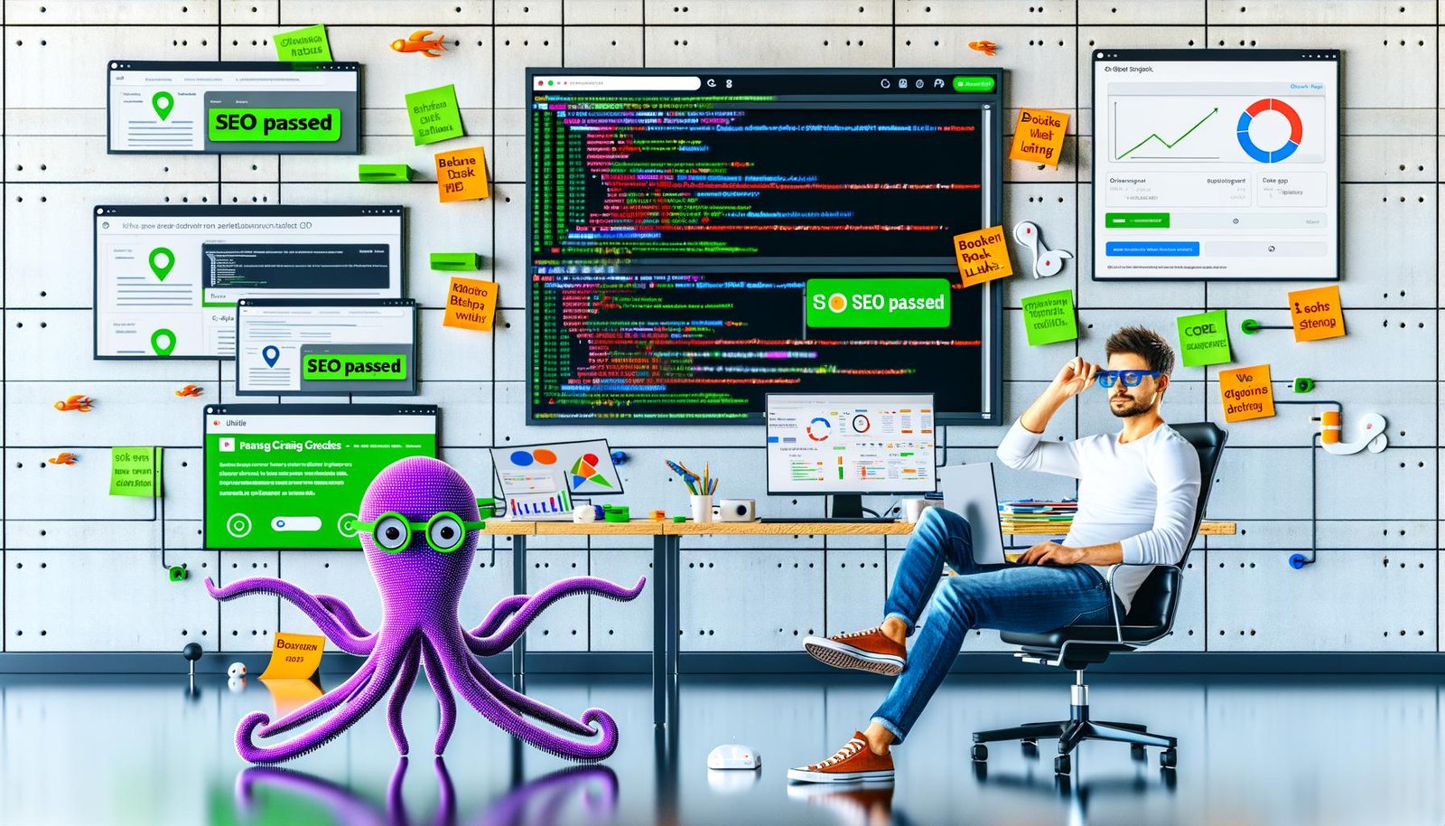 Entwickler sitzt entspannt am Laptop mit geöffnetem GitHub-SEO-Workflow, während mehrere Monitore Reports, SEO-Prüfungen, grüne Häkchen und Core Web Vitals zeigen. Das große Dashboard an der Wand visualisiert Statistiken, Alerts und Automatisierung im modernen Tech-Büro.
