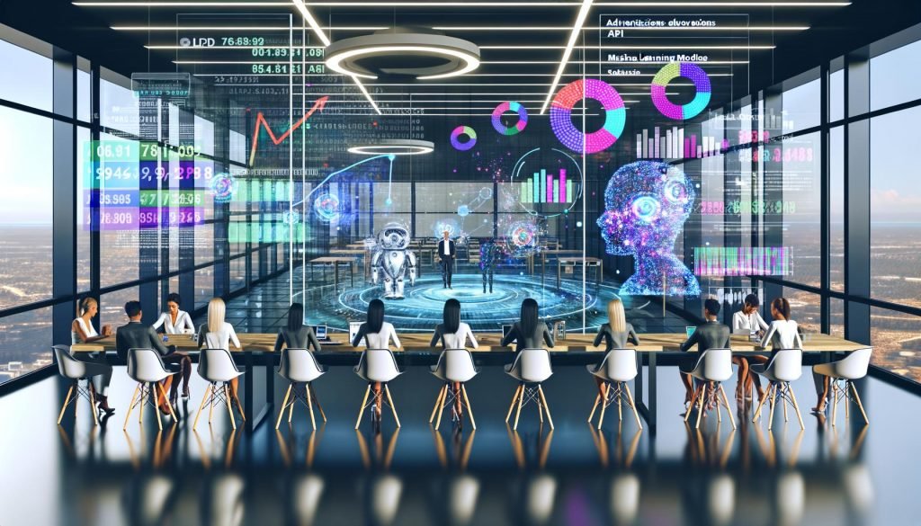 Futuristisch gestaltetes Büro mit Marketern an Stehtischen vor digitalen Dashboards, maschinellem Lernen und Personalisierungsanzeigen.