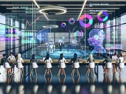 Futuristisch gestaltetes Büro mit Marketern an Stehtischen vor digitalen Dashboards, maschinellem Lernen und Personalisierungsanzeigen.